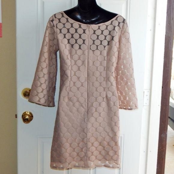 MUSE Nuetral Tan Polkadots Lace Bell Sleeves Mini Dress Retro - Picture 4 of 5